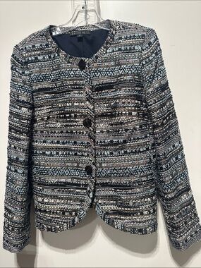 Lafayette148 New York Blue/Black/Gold Textured Tweed Blazer Sz8 smoke free/clean